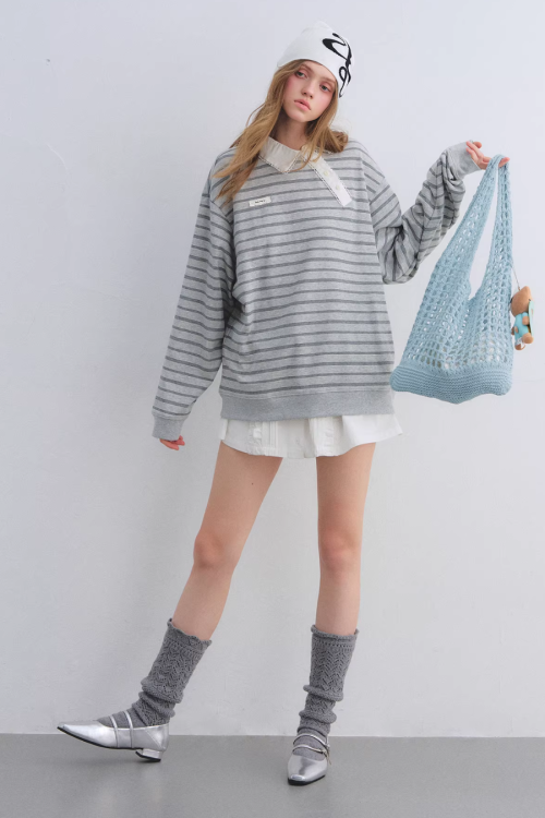 Button Lace Collar Striped Top