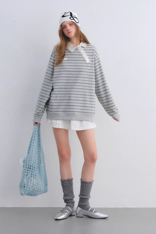 Button Lace Collar Striped Top