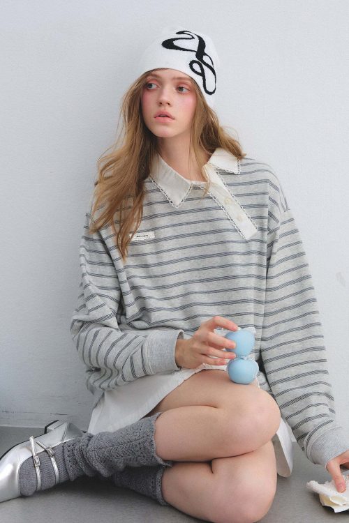 Button Lace Collar Striped Top