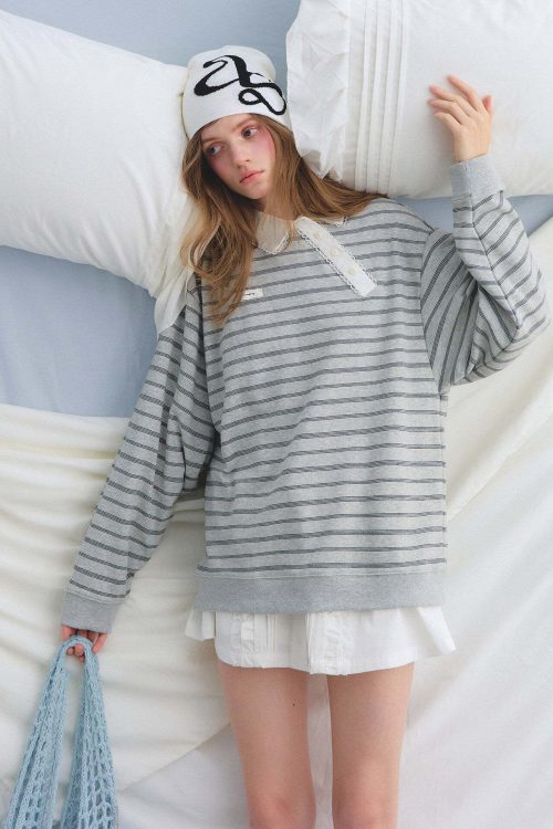 Button Lace Collar Striped Top