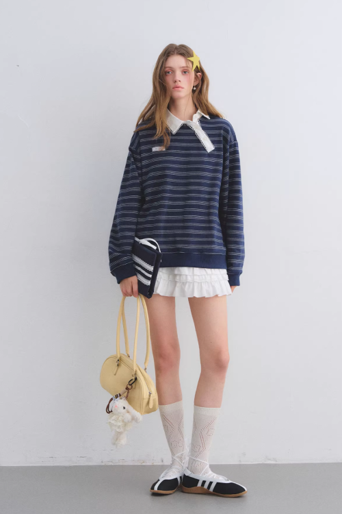 Button Lace Collar Striped Top