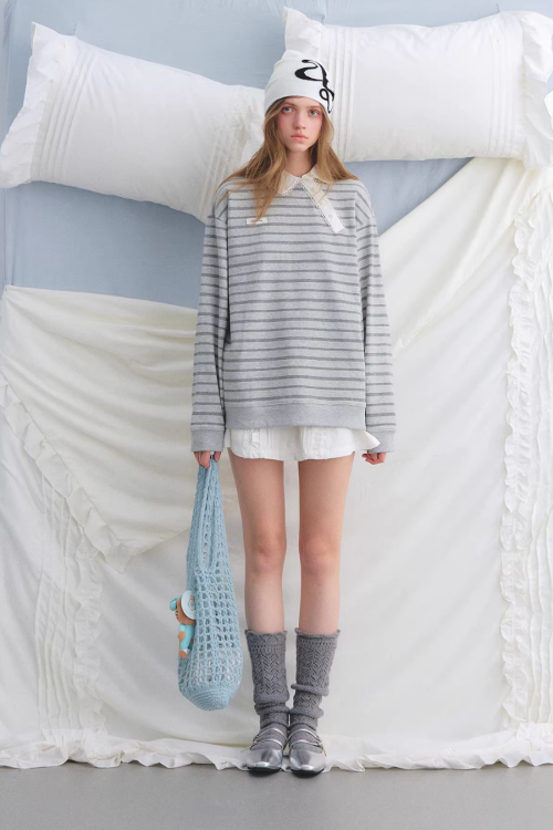 Button Lace Collar Striped Top