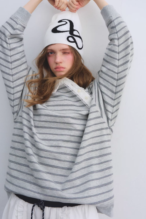 Button Lace Collar Striped Top