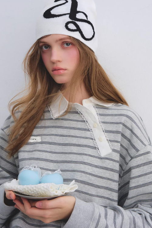 Button Lace Collar Striped Top