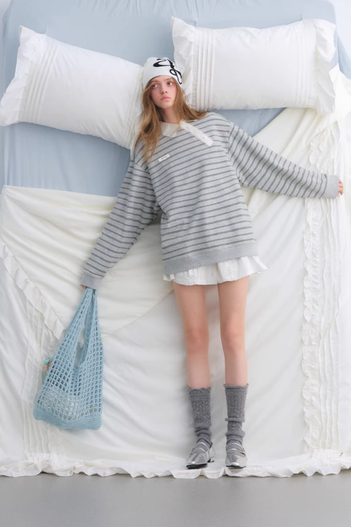 Button Lace Collar Striped Top