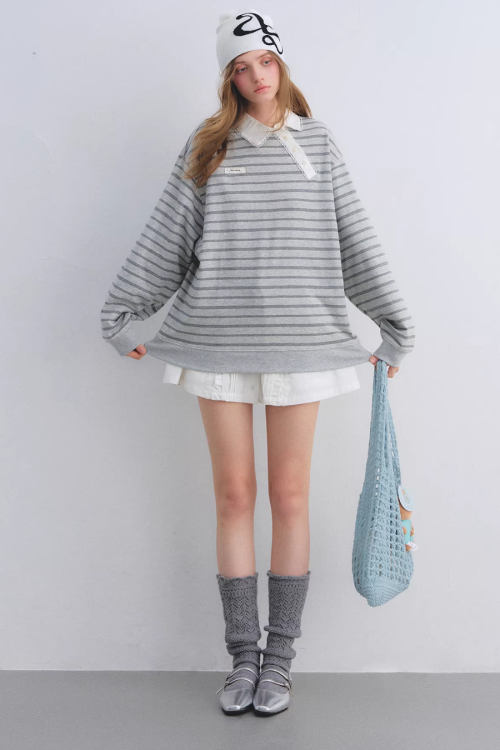 Button Lace Collar Striped Top