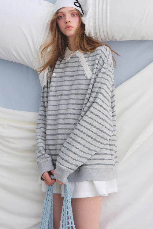 Button Lace Collar Striped Top