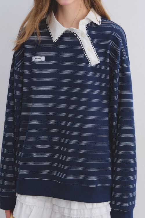 Button Lace Collar Striped Top