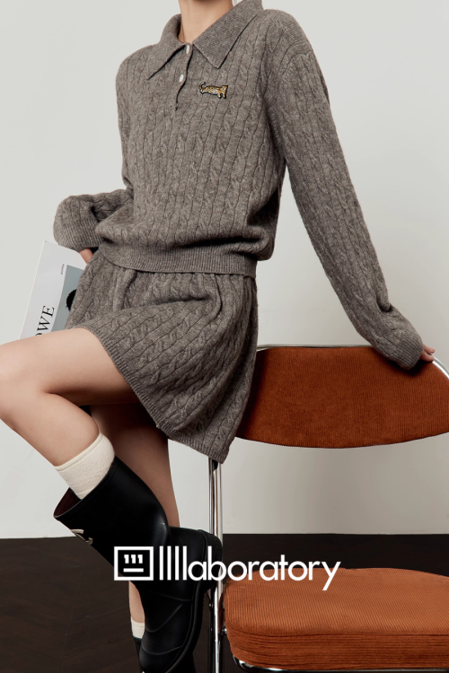 Cable Half-Button Knit Top / Mini Skirt