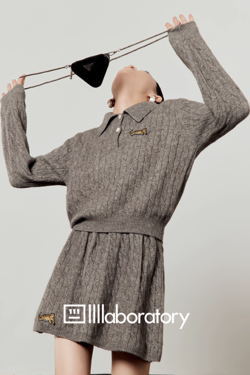 Cable Half-Button Knit Top / Mini Skirt