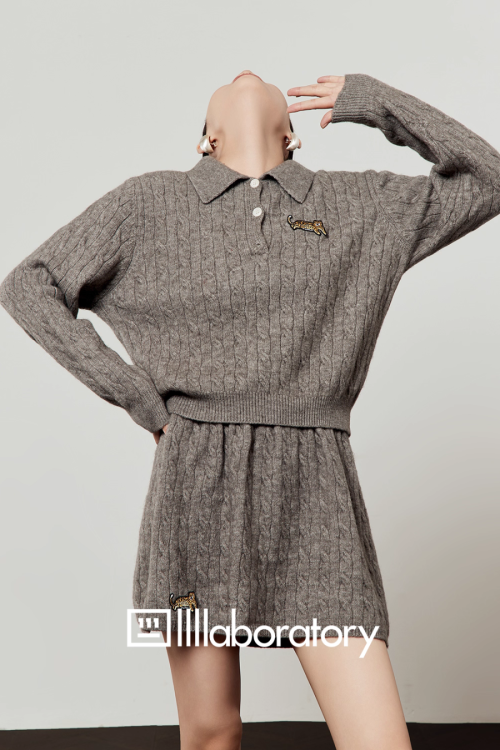 Cable Half-Button Knit Top / Mini Skirt