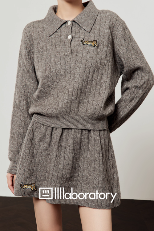 Cable Half-Button Knit Top / Mini Skirt