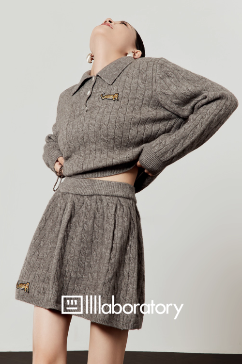 Cable Half-Button Knit Top / Mini Skirt