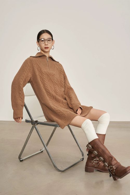 Cable Half-Zip Knit Dress