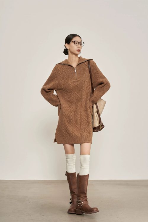 Cable Half-Zip Knit Dress