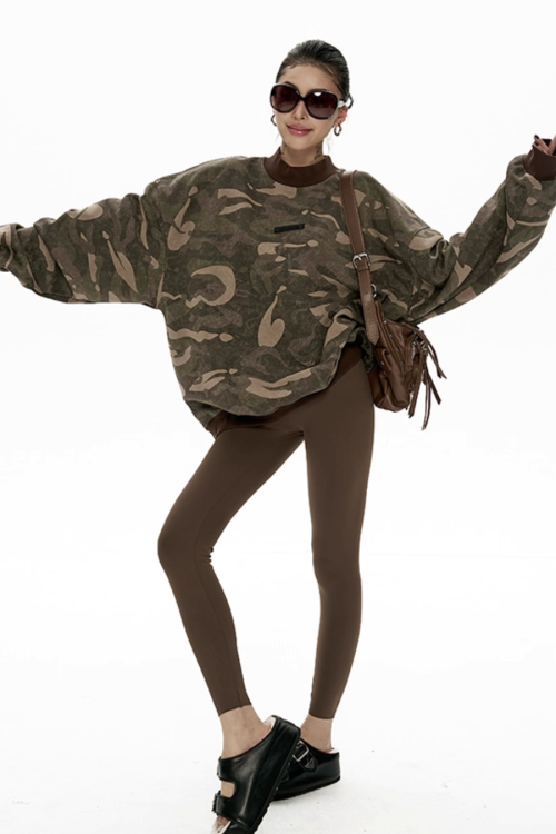 Camouflage Loose Crew Neck Top