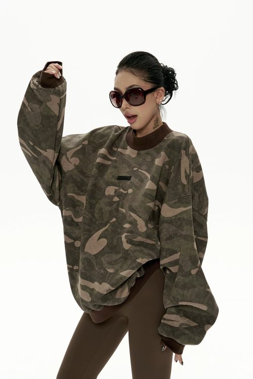 Camouflage Loose Crew Neck Top