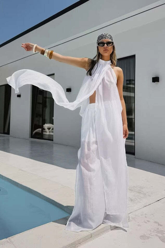 Casual Flowy Tencel Sleeveless Halter Two Piece Set Casual Flowy Tencel Sleeveless Halter Two Piece Set