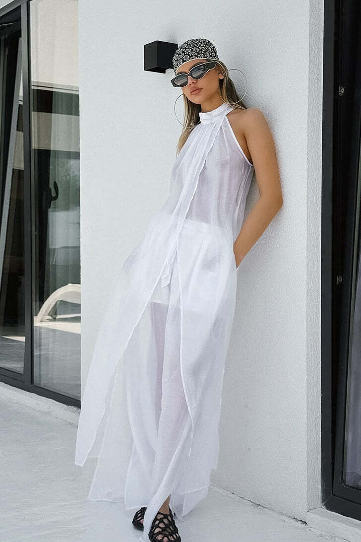 Casual Flowy Tencel Sleeveless Halter Two Piece Set Casual Flowy Tencel Sleeveless Halter Two Piece Set