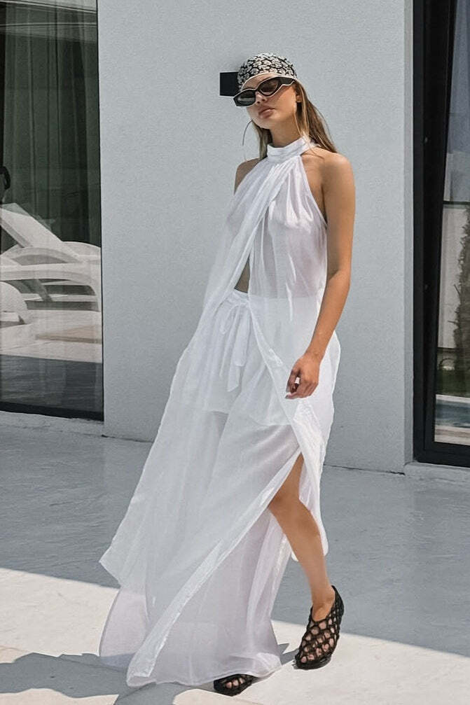 Casual Flowy Tencel Sleeveless Halter Two Piece Set Casual Flowy Tencel Sleeveless Halter Two Piece Set