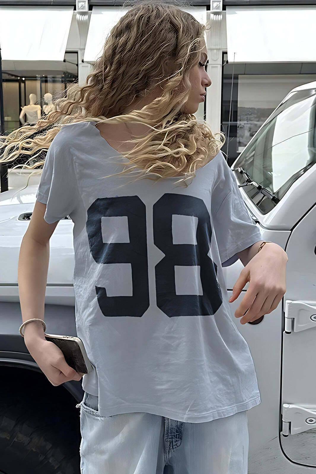 Casual Loose Number Print Off Shoulder Crew T-shirt Casual Loose Number Print Off Shoulder Crew T-shirt