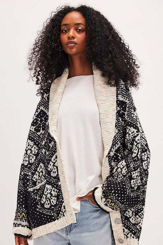 Casual Single Breasted V Neck Square Knit Cardigan