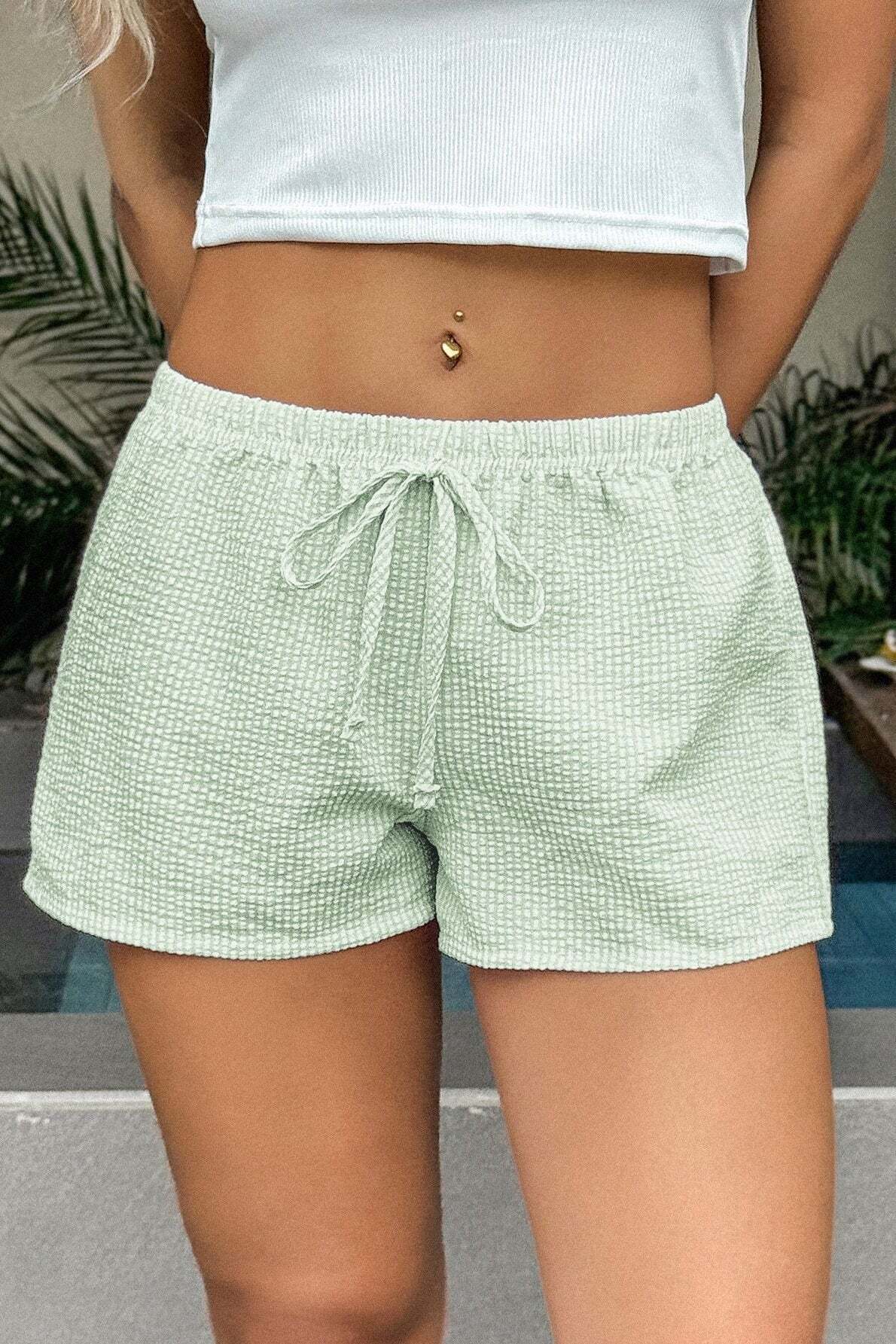 Casual Solid Plaid Belted Shorts Casual Solid Plaid Belted Shorts