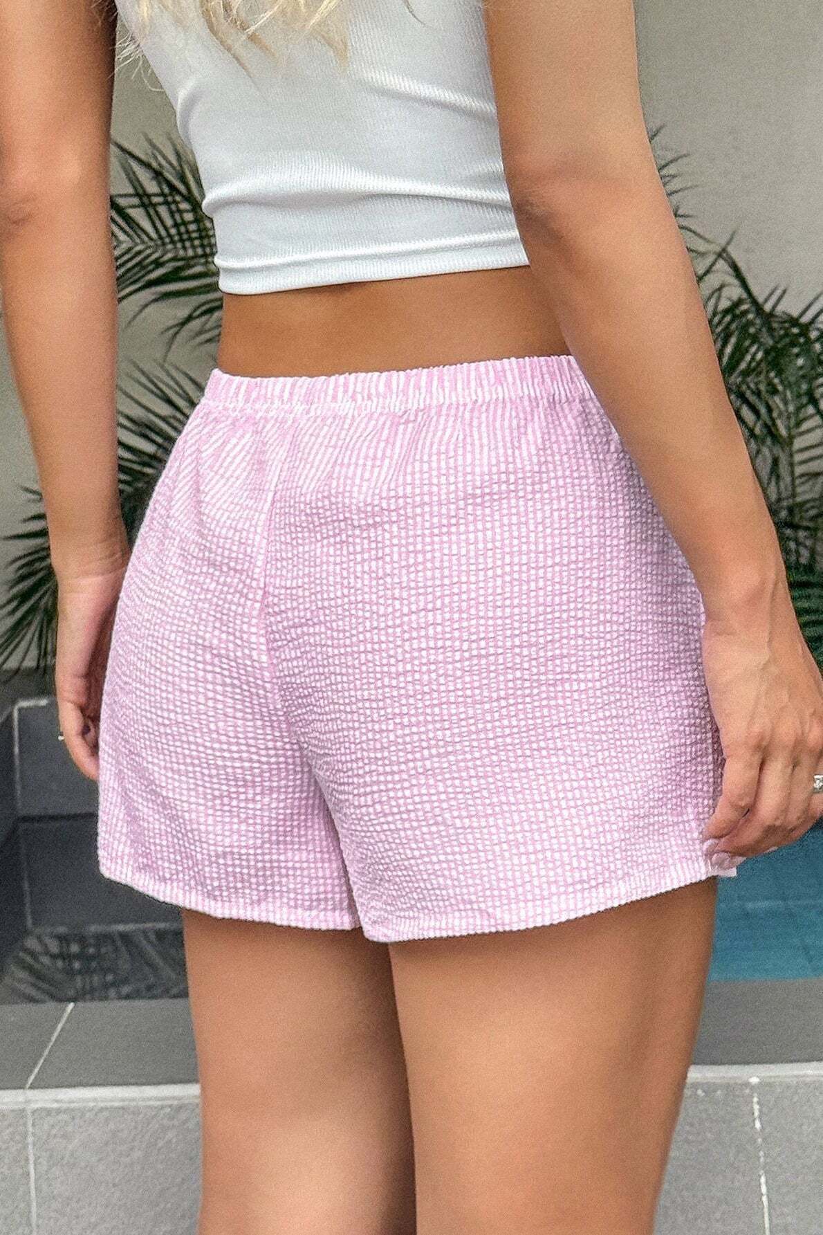 Casual Solid Plaid Belted Shorts Casual Solid Plaid Belted Shorts