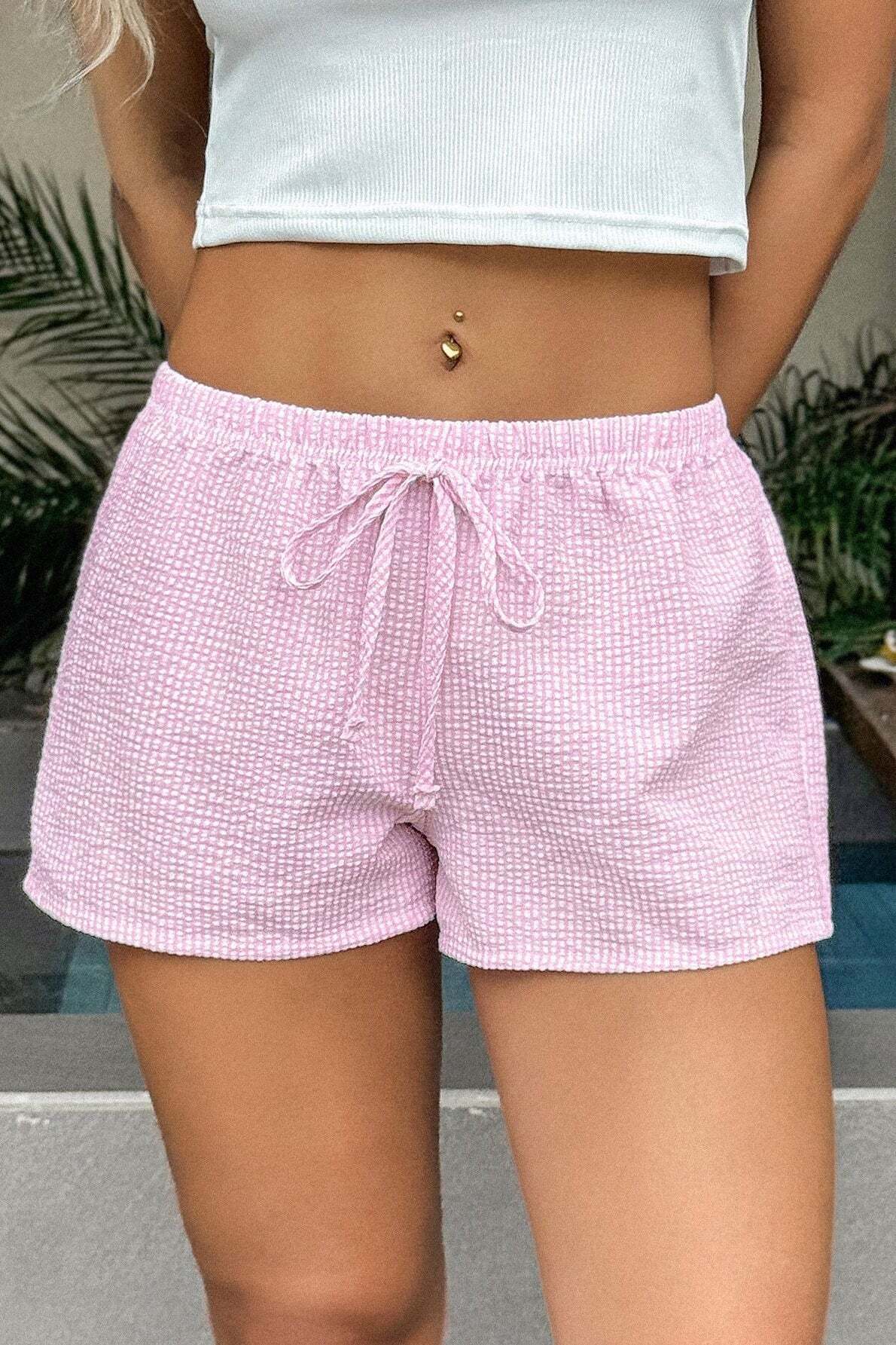 Casual Solid Plaid Belted Shorts Casual Solid Plaid Belted Shorts