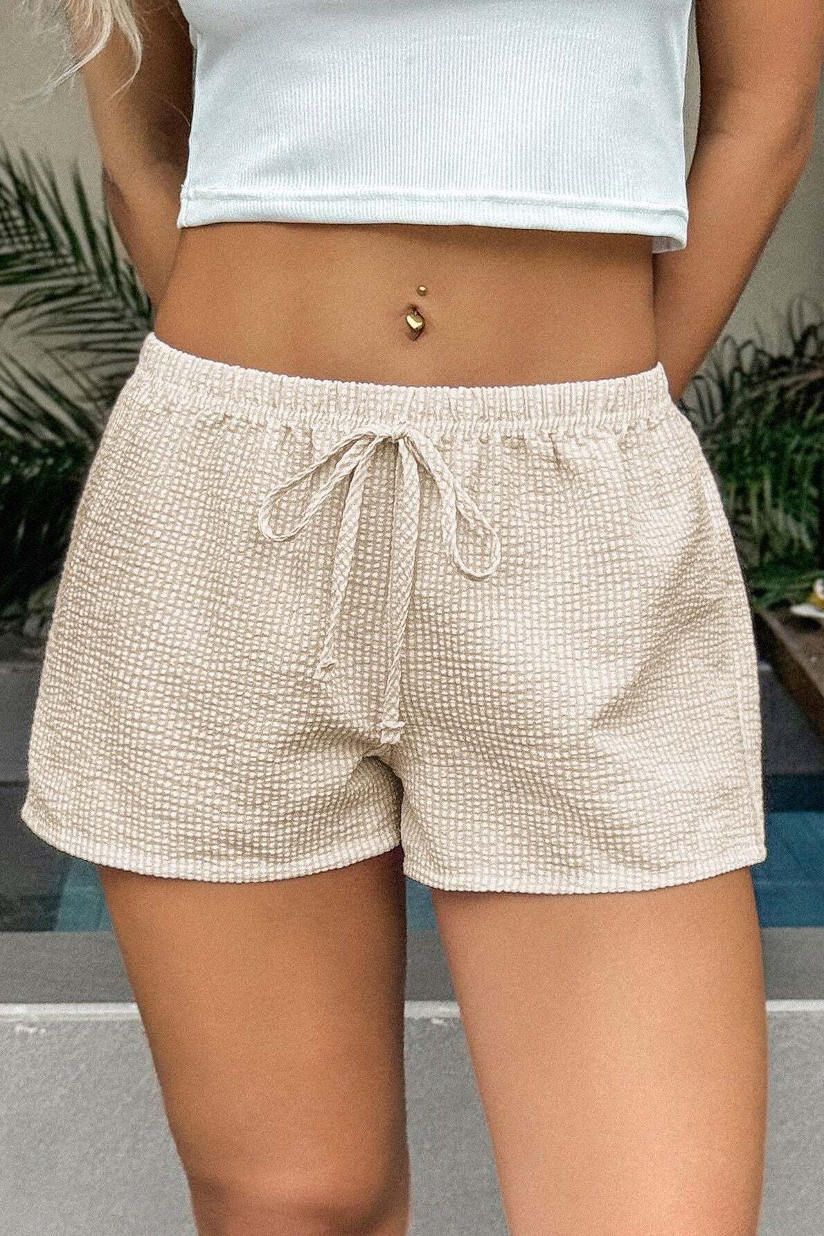 Casual Solid Plaid Belted Shorts Casual Solid Plaid Belted Shorts