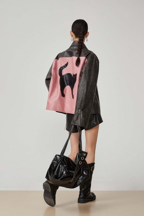 Cat Patch Embroidery Leather Jacket