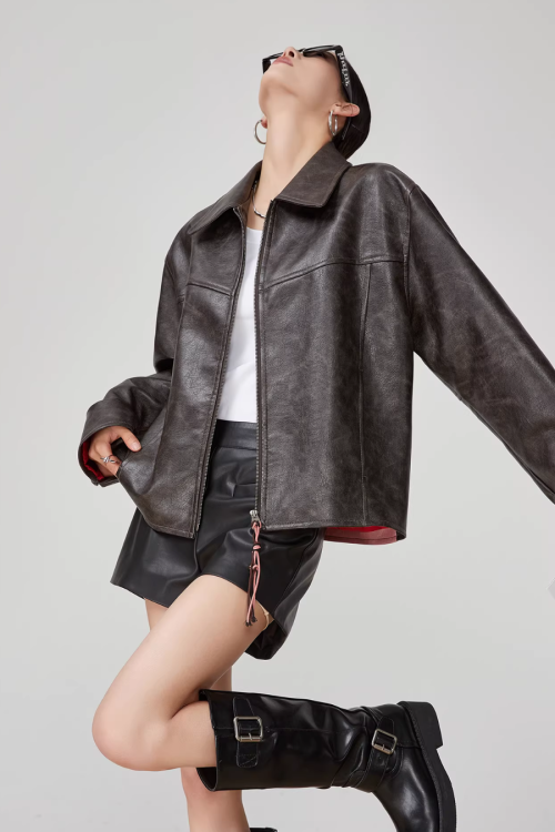 Cat Patch Embroidery Leather Jacket