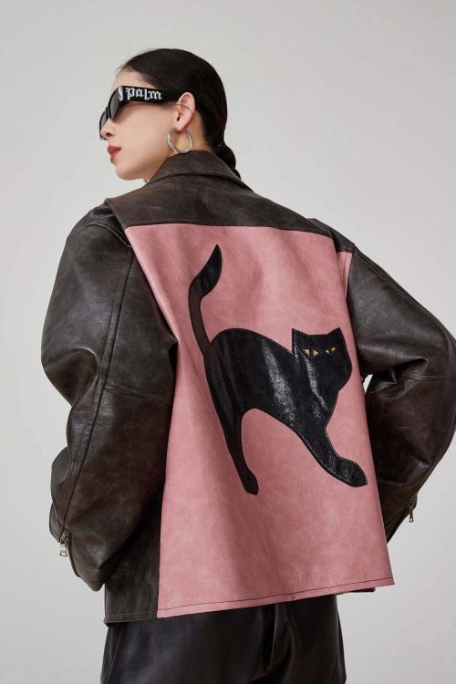 Cat Patch Embroidery Leather Jacket