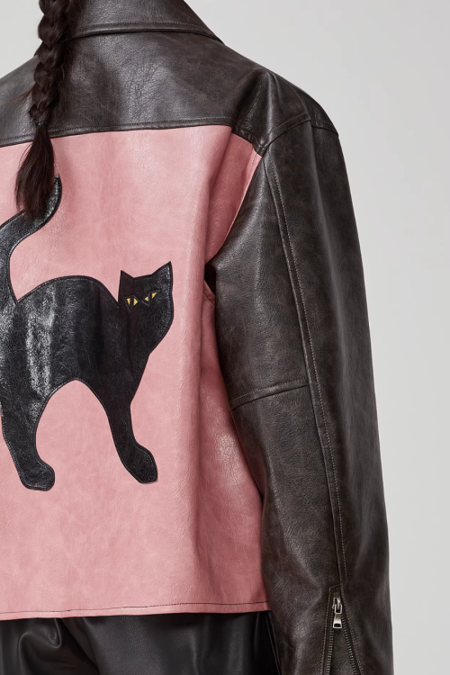 Cat Patch Embroidery Leather Jacket