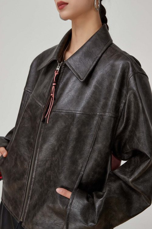 Cat Patch Embroidery Leather Jacket