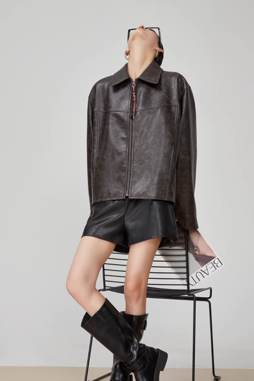 Cat Patch Embroidery Leather Jacket