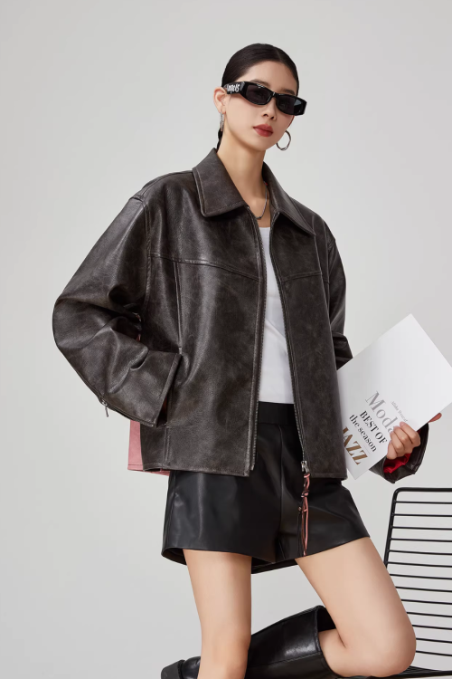 Cat Patch Embroidery Leather Jacket