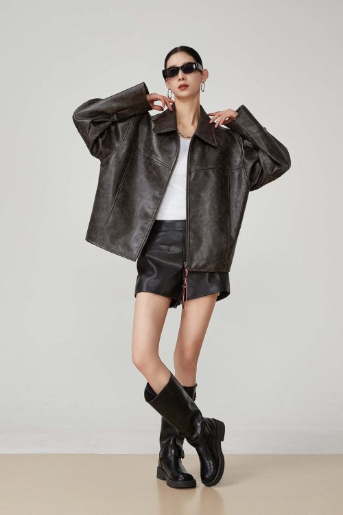 Cat Patch Embroidery Leather Jacket