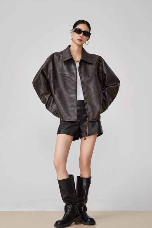 Cat Patch Embroidery Leather Jacket