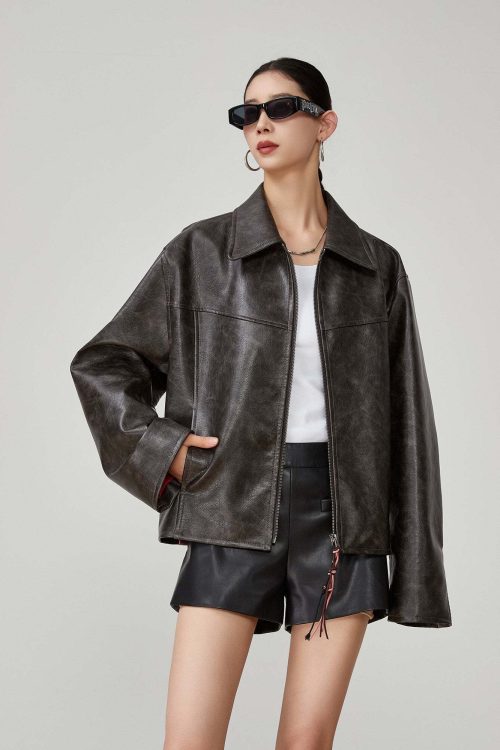 Cat Patch Embroidery Leather Jacket