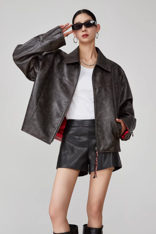 Cat Patch Embroidery Leather Jacket