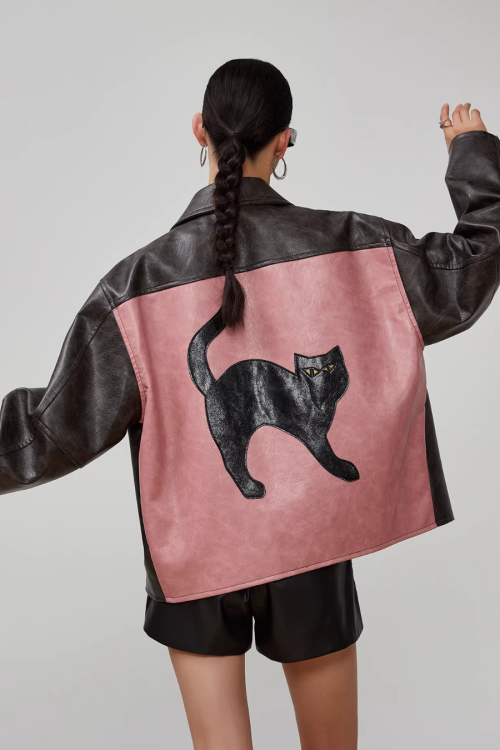Cat Patch Embroidery Leather Jacket