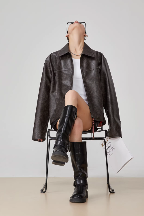 Cat Patch Embroidery Leather Jacket