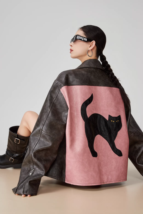 Cat Patch Embroidery Leather Jacket