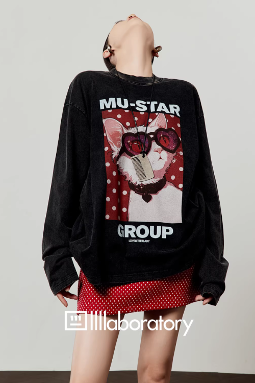 Cat Print Long Sleeve T-shirt / Polka Dot Mini Skirt