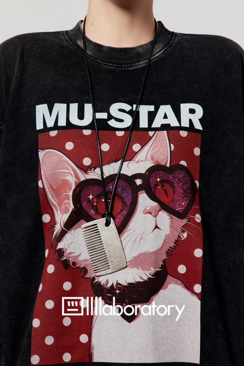 Cat Print Long Sleeve T-shirt / Polka Dot Mini Skirt