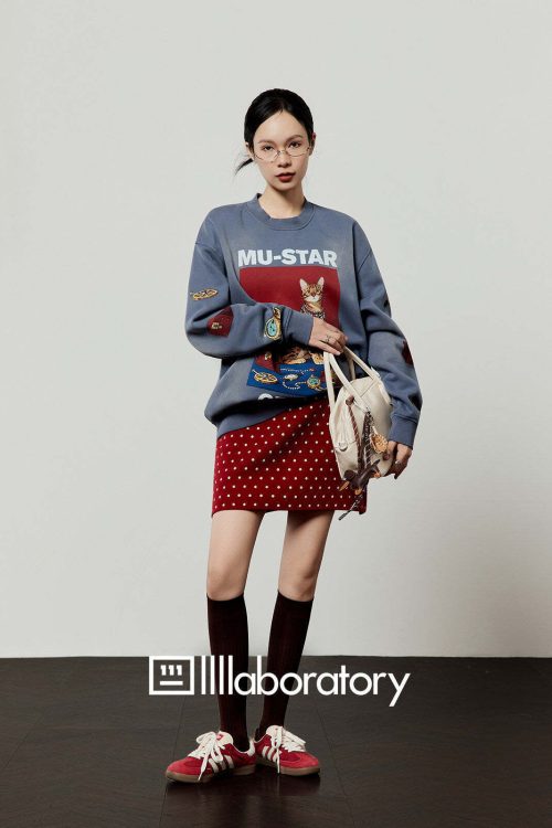 Cat Print Retro Sweatshirt / Retro Polka Dot Skirt