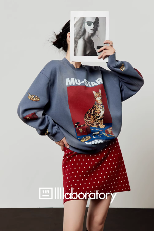 Cat Print Retro Sweatshirt / Retro Polka Dot Skirt