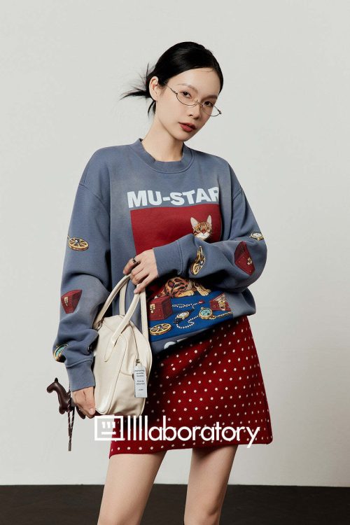 Cat Print Retro Sweatshirt / Retro Polka Dot Skirt
