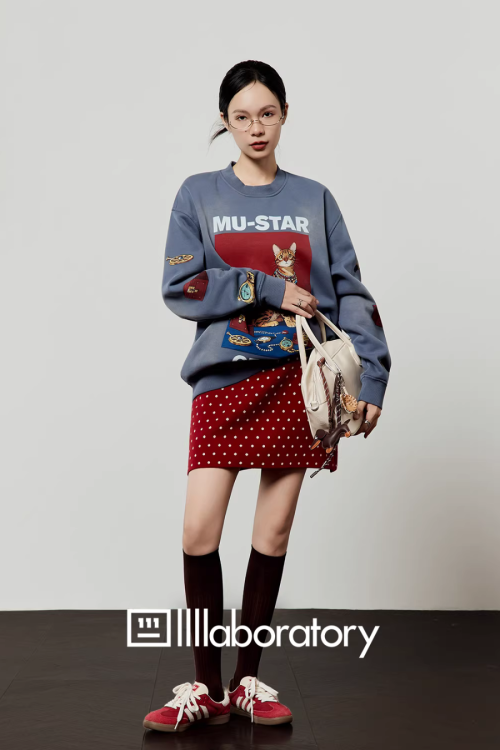 Cat Print Retro Sweatshirt / Retro Polka Dot Skirt